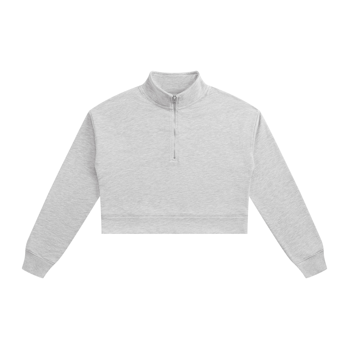 Light gray cropped quarter-zip sweatshirt with stand collar and front zipper