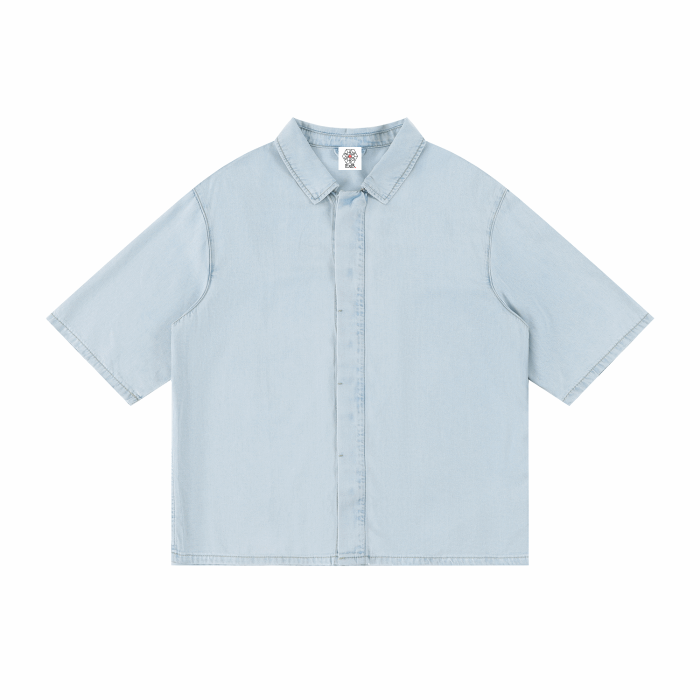 Unisex vintage wash drop-shoulder lyocell shirt, light blue, short sleeves, button front