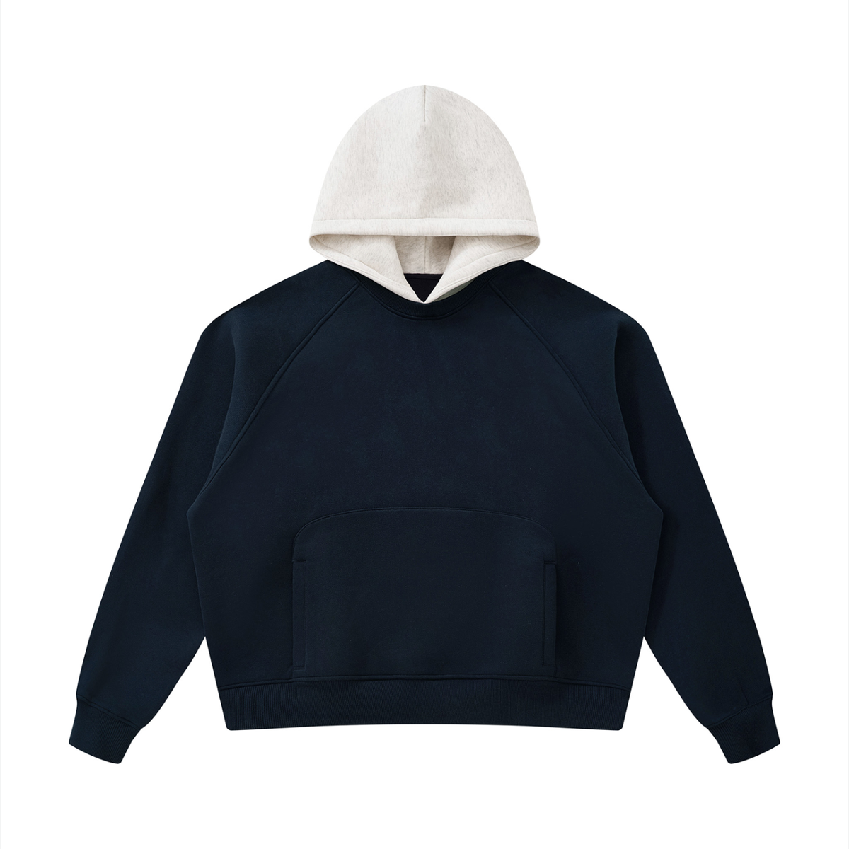 Fleece raglan hoodie, navy body with light gray hood and front pocket