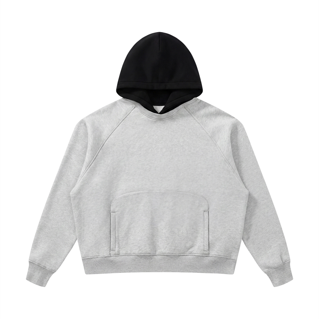 Fleece raglan hoodie, light gray body with black hood and front pocket