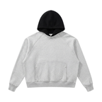 Fleece raglan hoodie, light gray body with black hood and front pocket