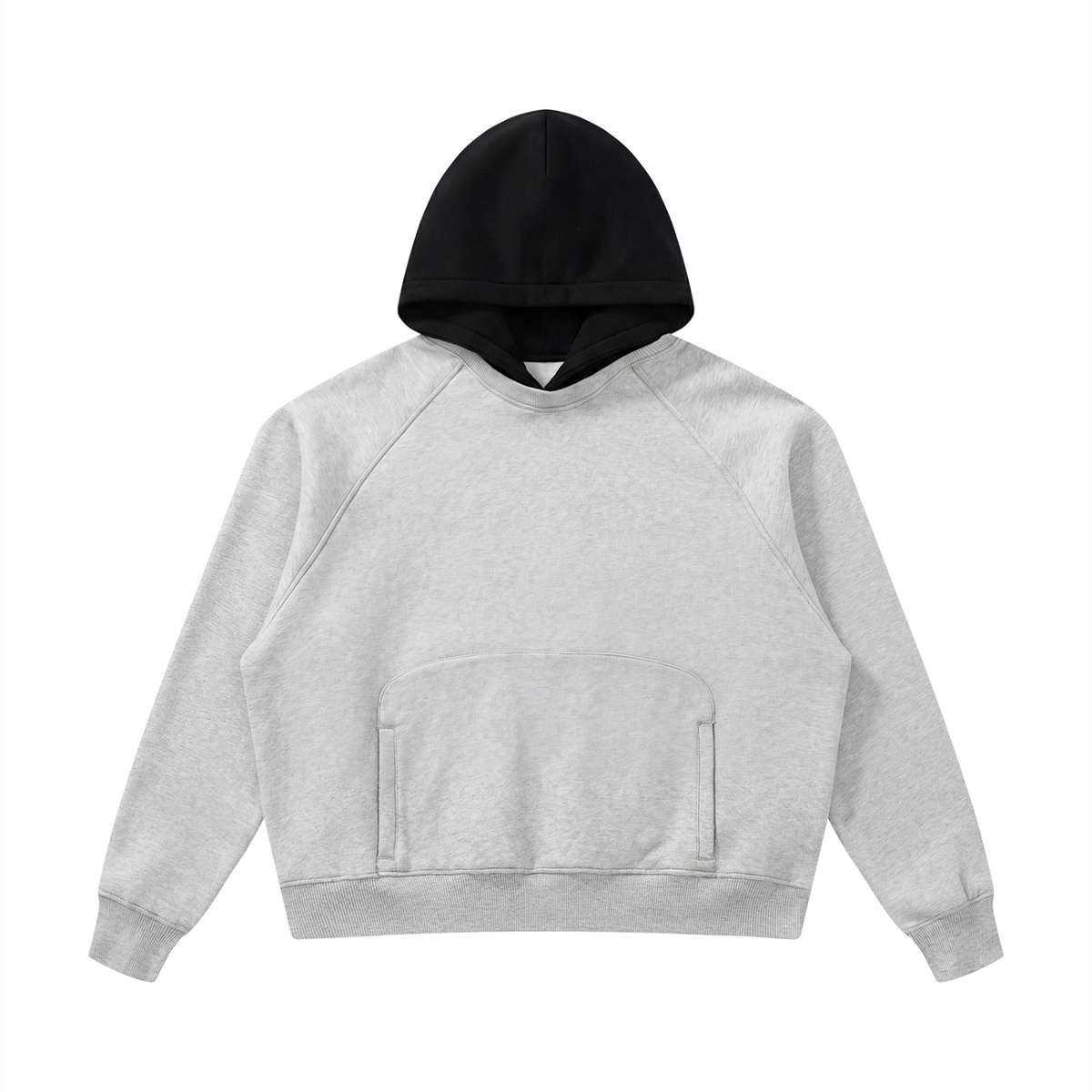 Fleece raglan hoodie, light gray body with black hood and front pocket
