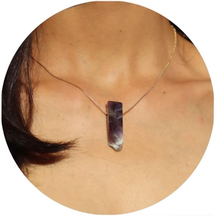 Extrinsic Beauty Natural Amethyst Crystal Bar Pendant Necklace with 18k Gold Chain, Irregular, Healing Crystal Jewelry