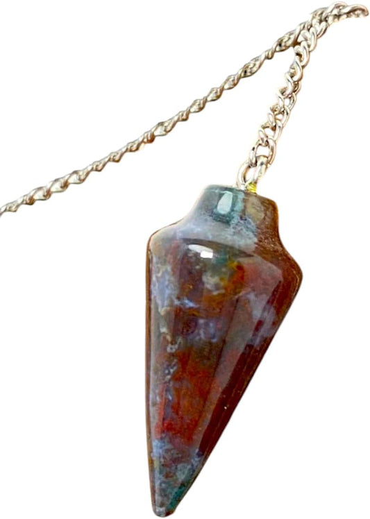 Extrinsic Beauty Moss Agate Natural Gemstone Smooth Conical Crystal Pendulum with Charm, Nickle Free Chain, Reiki Meditation Dowsing Tool.