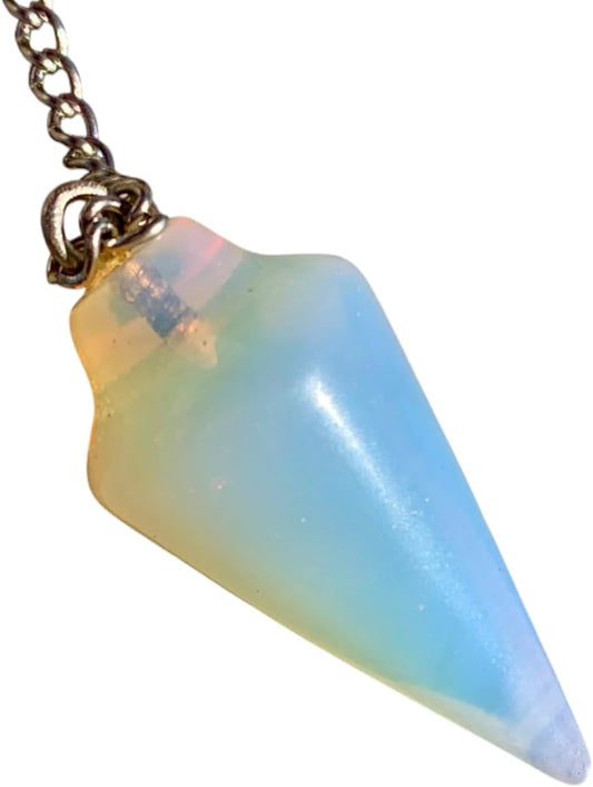 Natural Gemstone Smooth Conical Crystal Pendulum with Charm, Nickle Free Chain, Reiki Meditation Dowsing Tool (Opalite)