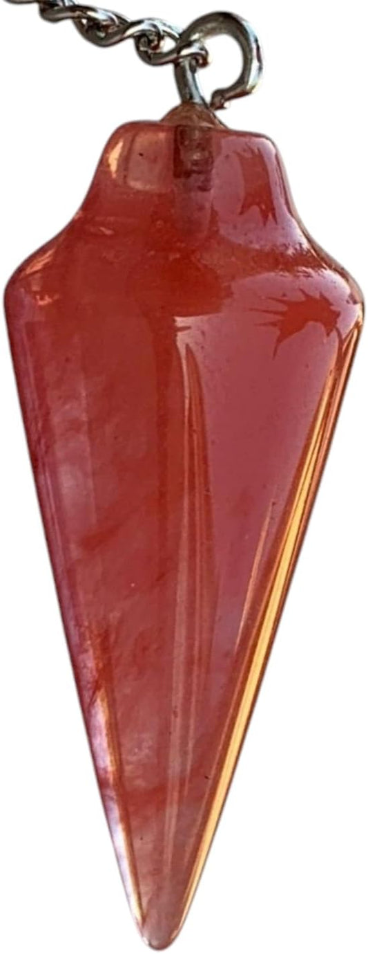 Extrinsic Beauty Gemstone Smooth Conical Crystal Pendulum with Charm, Nickle Free Chain, Reiki Meditation Dowsing Tool (Cherry Quartz)