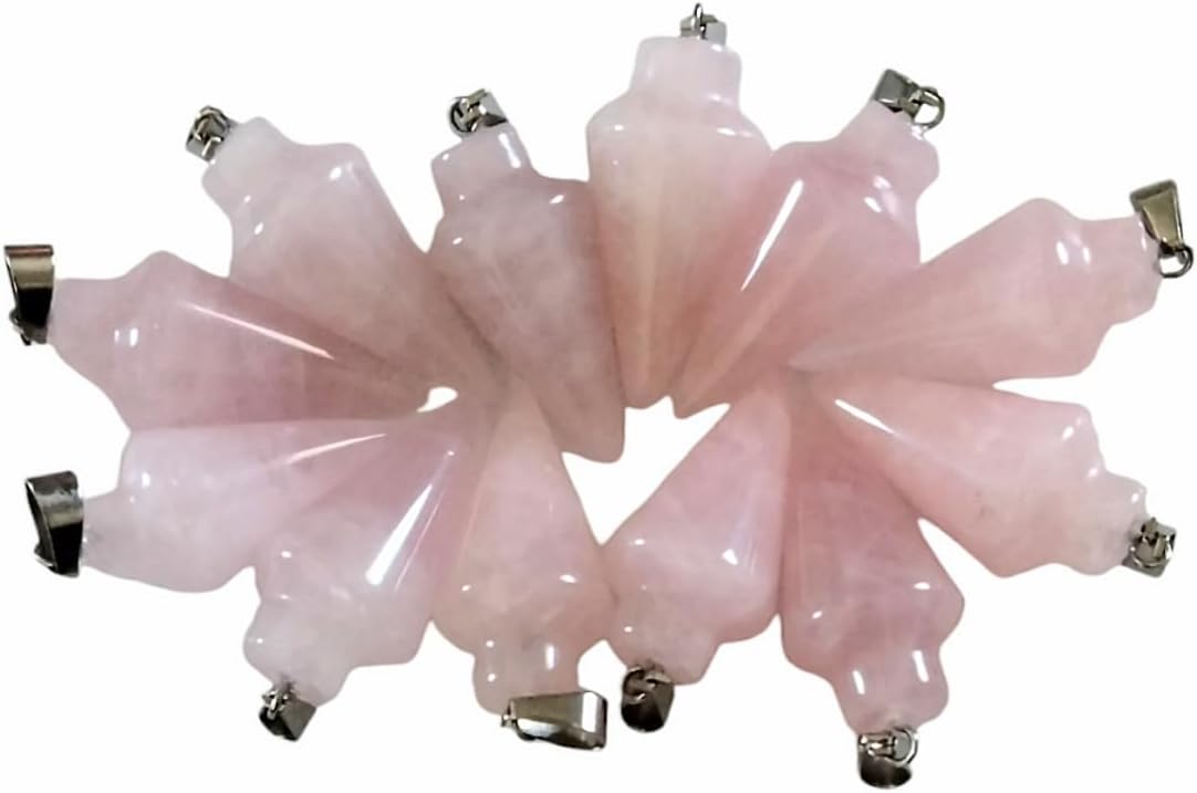 Natural Gemstone Smooth Conical Crystal Pendulum with Charm, Nickle Free Chain, Reiki Meditation Dowsing Tool (Rose Quartz)