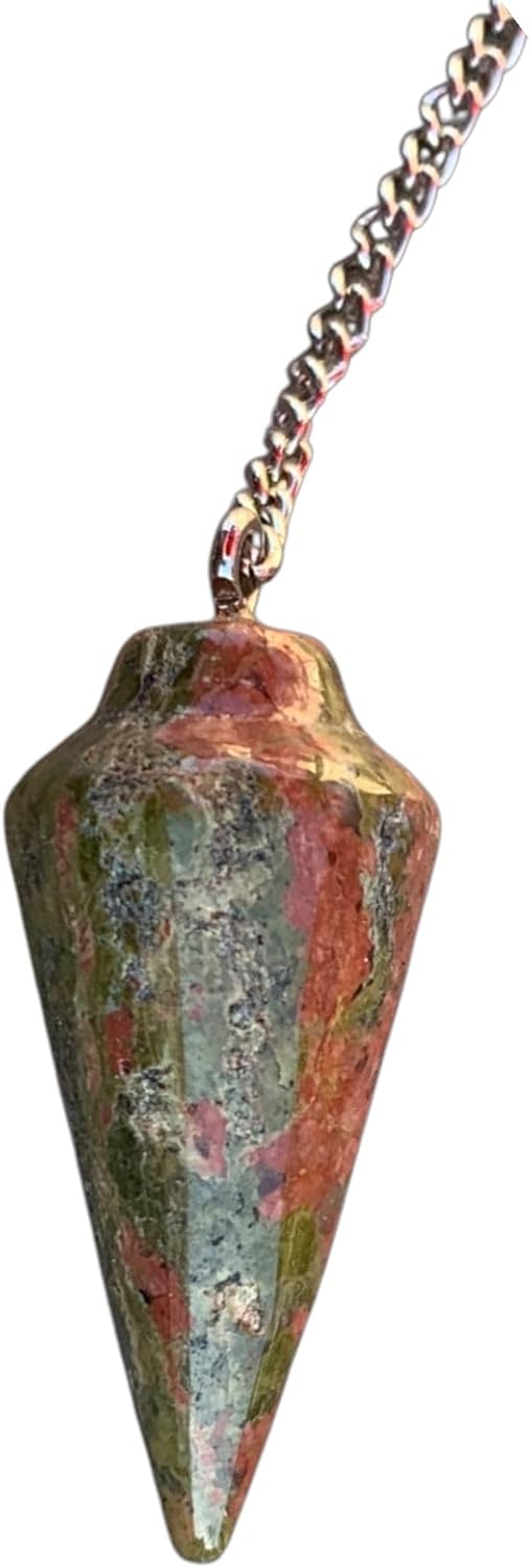 Natural Unakite Gemstone Smooth Conical Crystal Pendulum with Charm, Nickle Free Chain, Reiki Meditation Dowsing Tool (Unakite)