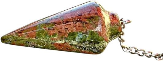 Natural Unakite Gemstone Smooth Conical Crystal Pendulum with Charm, Nickle Free Chain, Reiki Meditation Dowsing Tool (Unakite)