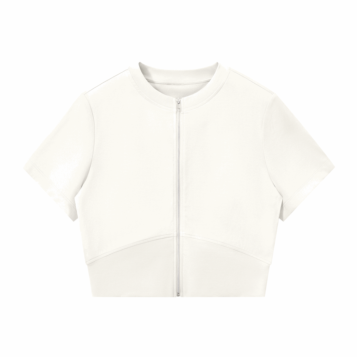 White paneling full-zip T-shirt with short sleeves and stand collar