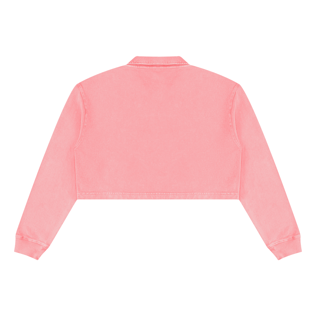 Pink cropped sweatshirt, back view with V-neck and long sleeves