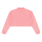 Pink cropped sweatshirt, back view with V-neck and long sleeves