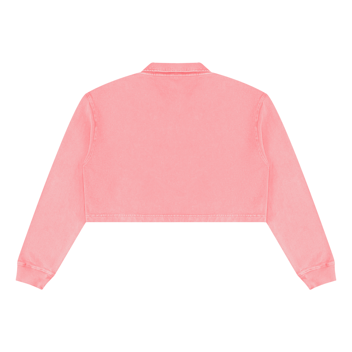 Pink cropped sweatshirt, back view with V-neck and long sleeves