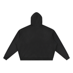 Black full-zip boxy hoodie with hood, shown from the back