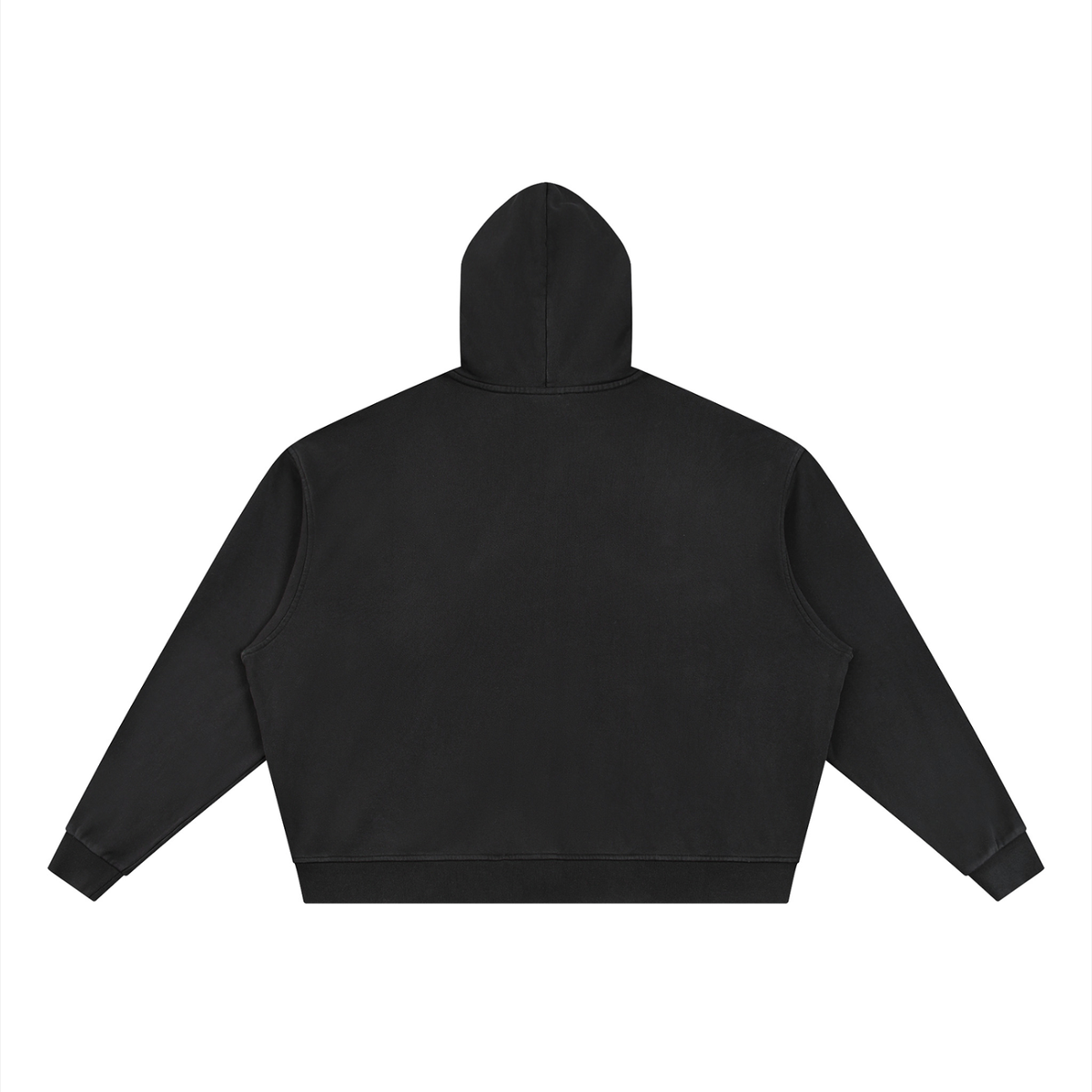 Black full-zip boxy hoodie with hood, shown from the back