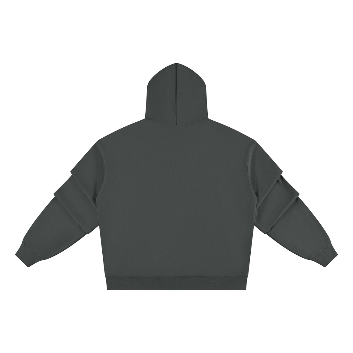 Dark gray pullover hoodie back view with ruched sleeves and hood.