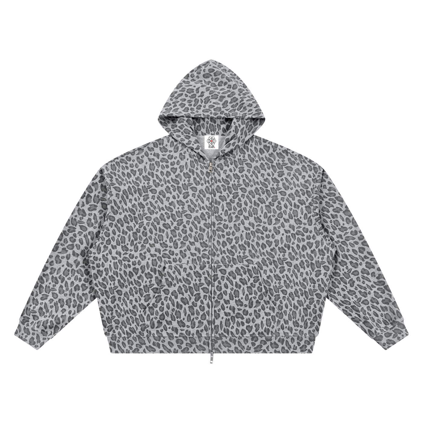 Unisex leopard-print waffle full-zip hoodie, light gray spotted pattern
