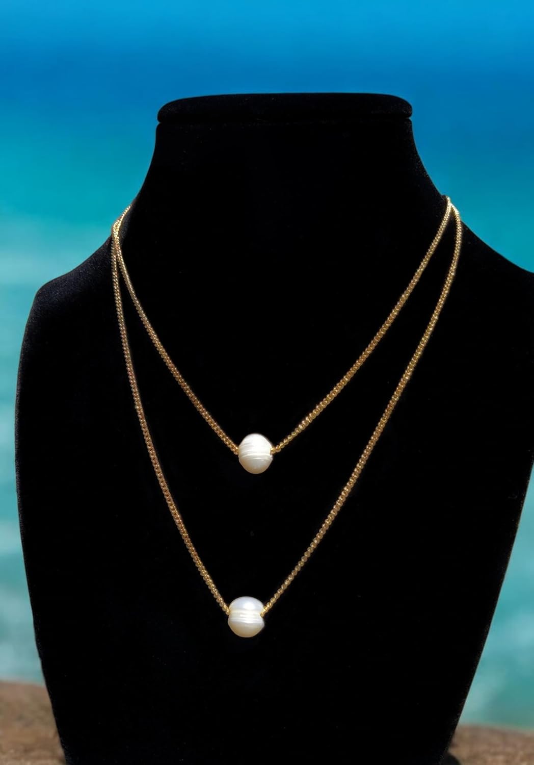 Extrinsic Beauty Natural freshwater pearl 18K Gold Plated Curb Chain Necklaces set of 2, Dainty Layered Design for Women - sea & sky collection wedding gift, women gift
