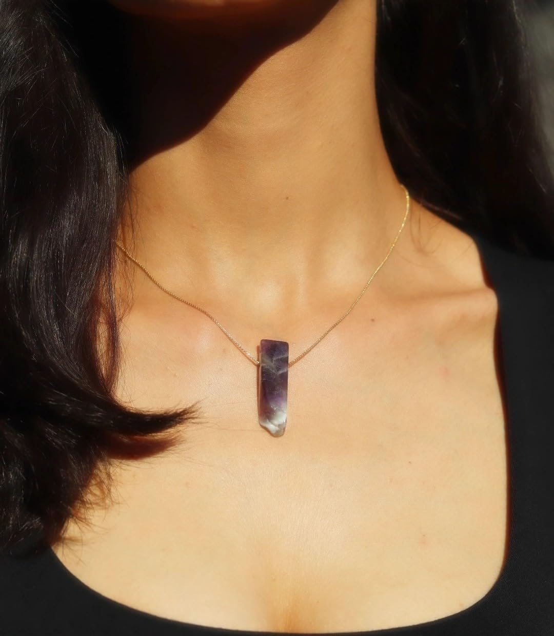 Extrinsic Beauty Natural Amethyst Crystal Bar Pendant Necklace with 18k Gold Chain, Irregular, Healing Crystal Jewelry