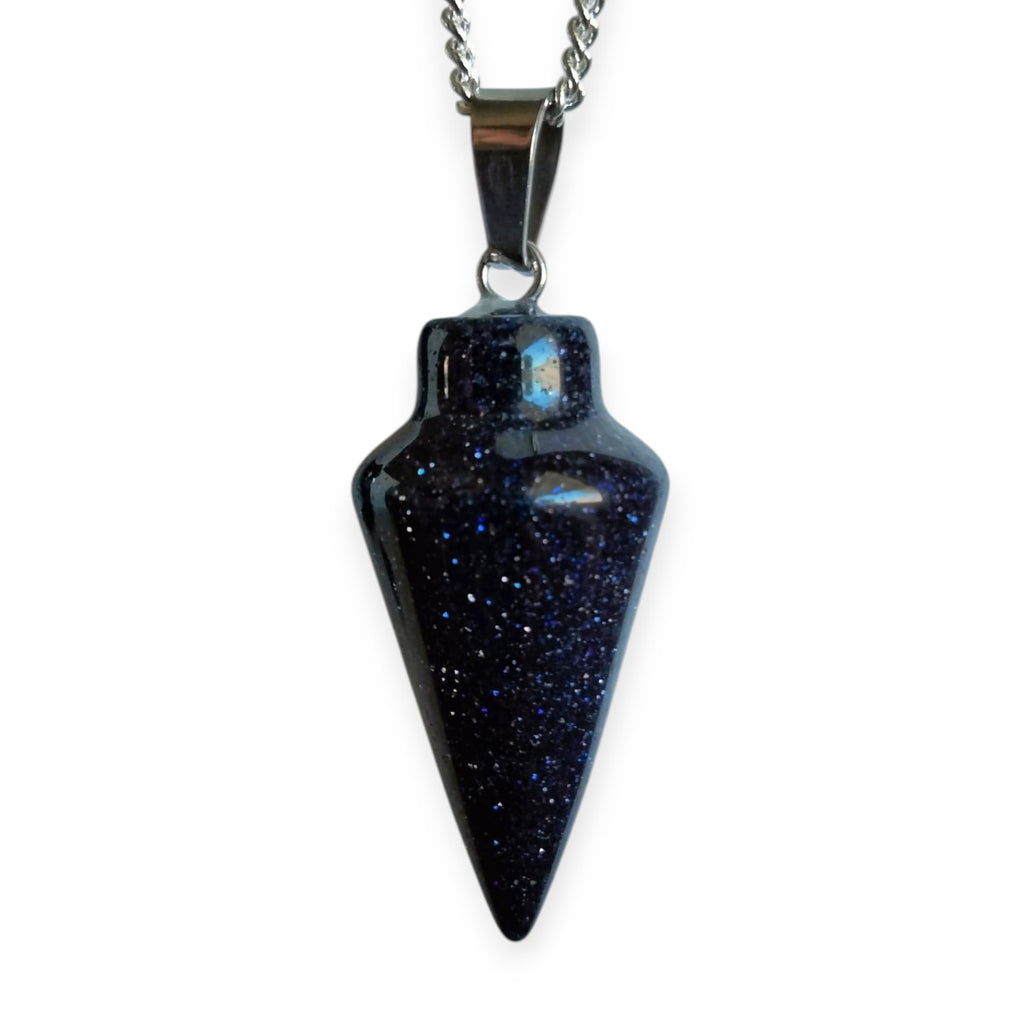 Pendulum gemstone necklace with dark blue glittery teardrop pendant and silver bail