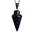 Pendulum gemstone necklace with dark blue glittery teardrop pendant and silver bail