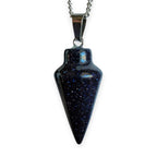 Pendulum gemstone necklace with dark blue glittery teardrop pendant and silver bail