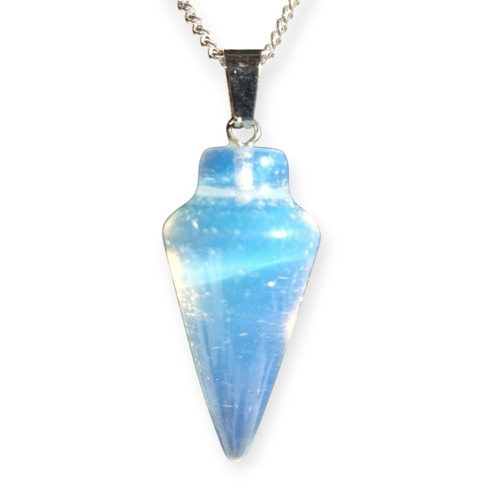 Pendulum gemstone necklace with light blue translucent teardrop pendant on silver chain