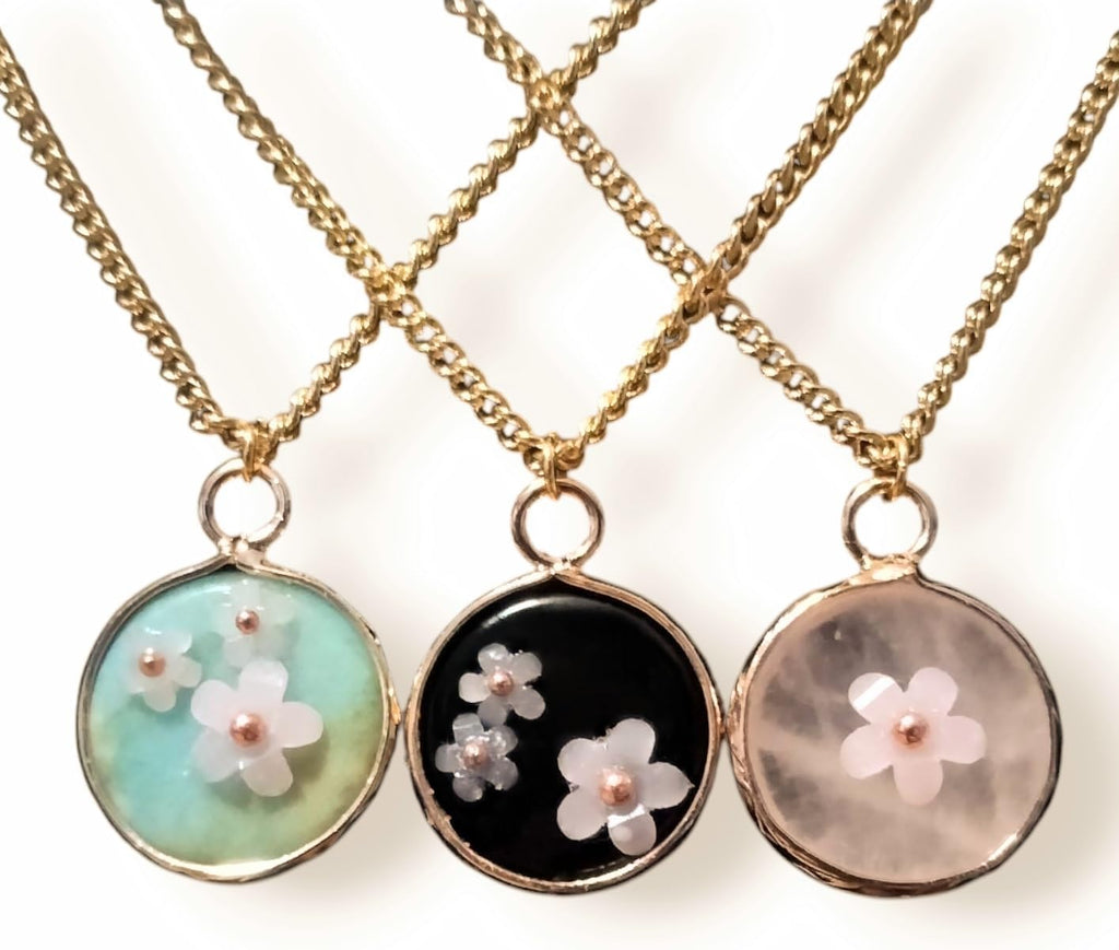 Natural Stone Necklace with Color Changing Floral Design, 18K Gold Plated, Black Obsidian, Amazonite, Rose Quartz, UV Reactive, Festival Jewlery, Gift For Daughter, Mother, Sister, Wife