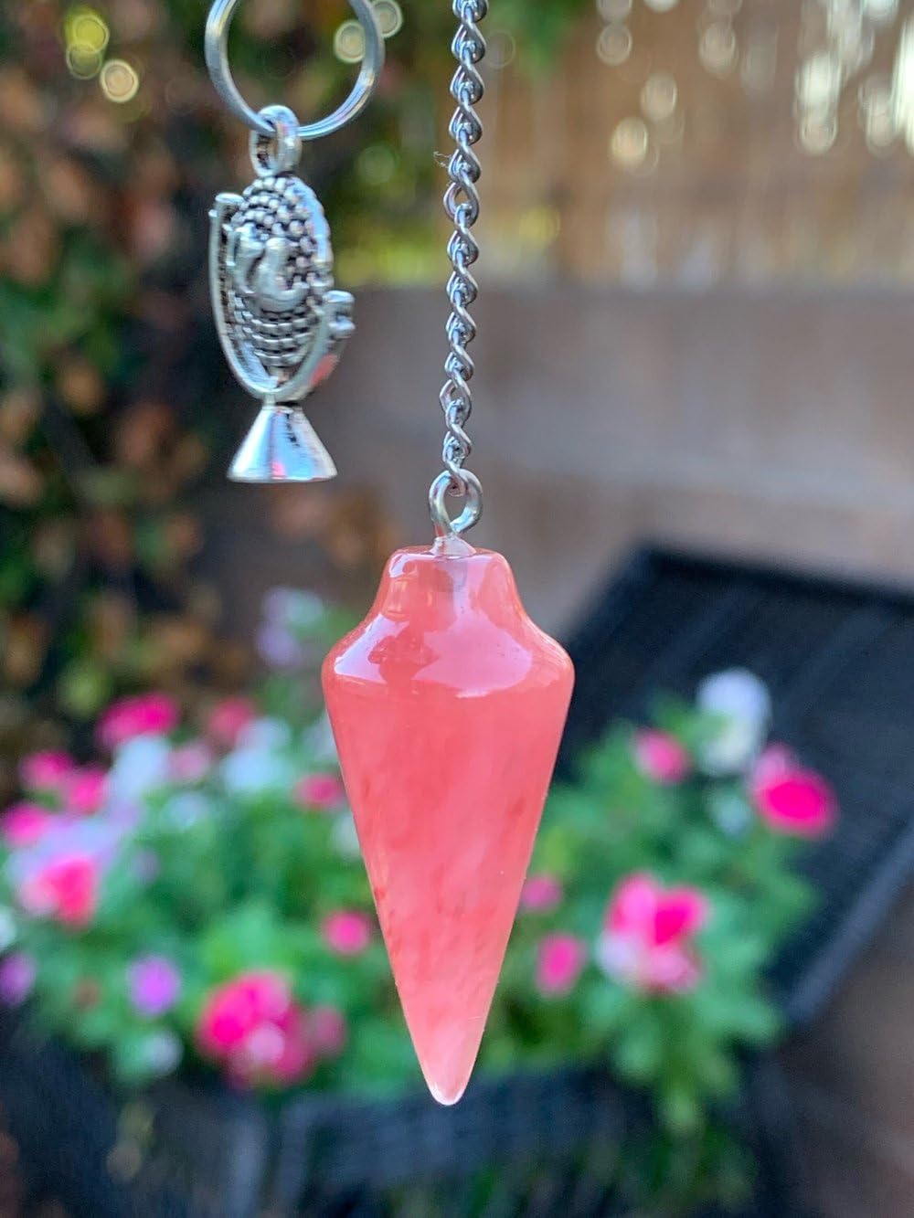 Extrinsic Beauty Gemstone Smooth Conical Crystal Pendulum with Charm, Nickle Free Chain, Reiki Meditation Dowsing Tool (Cherry Quartz)