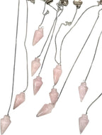 Natural Gemstone Smooth Conical Crystal Pendulum with Charm, Nickle Free Chain, Reiki Meditation Dowsing Tool (Rose Quartz)