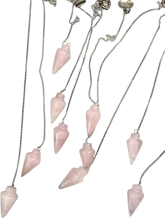 Natural Gemstone Smooth Conical Crystal Pendulum with Charm, Nickle Free Chain, Reiki Meditation Dowsing Tool (Rose Quartz)