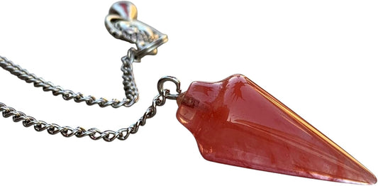 Extrinsic Beauty Gemstone Smooth Conical Crystal Pendulum with Charm, Nickle Free Chain, Reiki Meditation Dowsing Tool (Cherry Quartz)