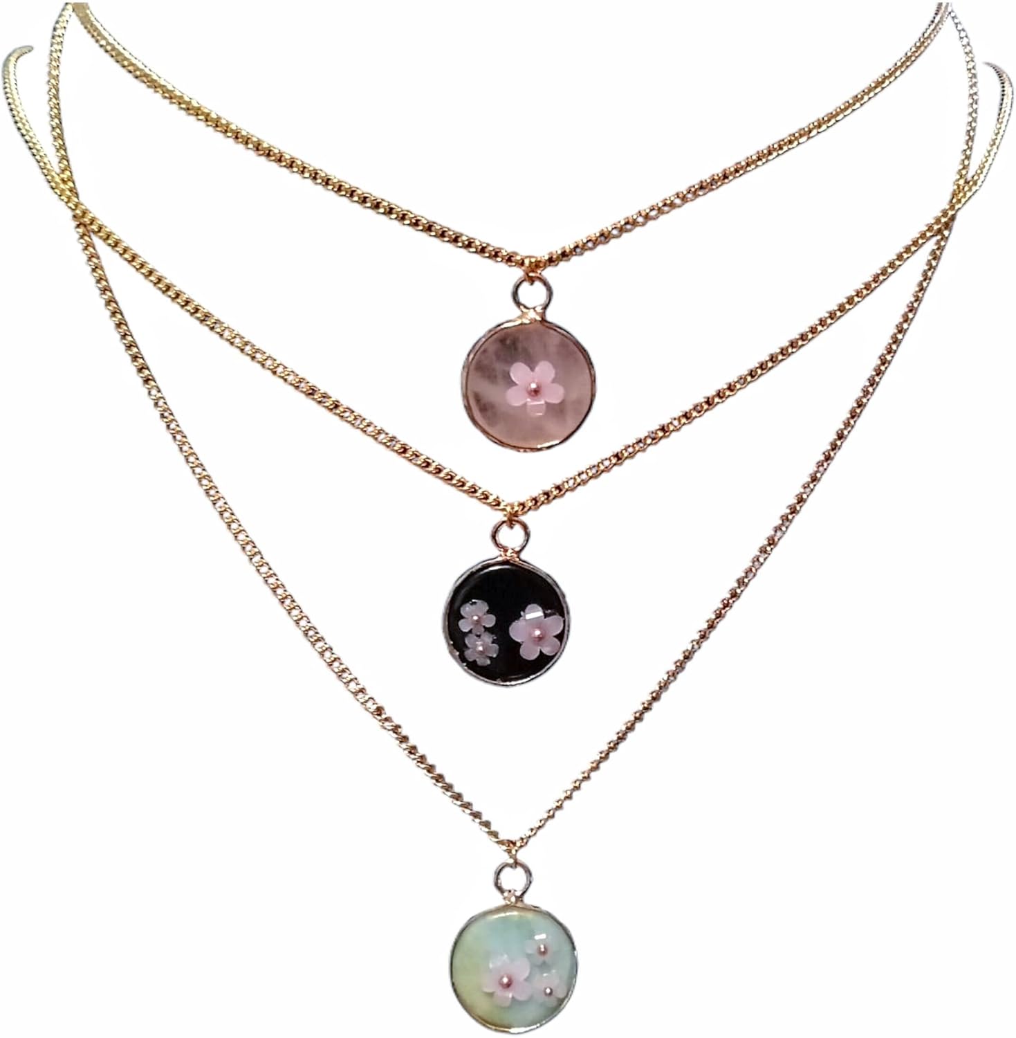 Natural Stone Necklace with Color Changing Floral Design, 18K Gold Plated, Black Obsidian, Amazonite, Rose Quartz, UV Reactive, Festival Jewlery, Gift For Daughter, Mother, Sister, Wife
