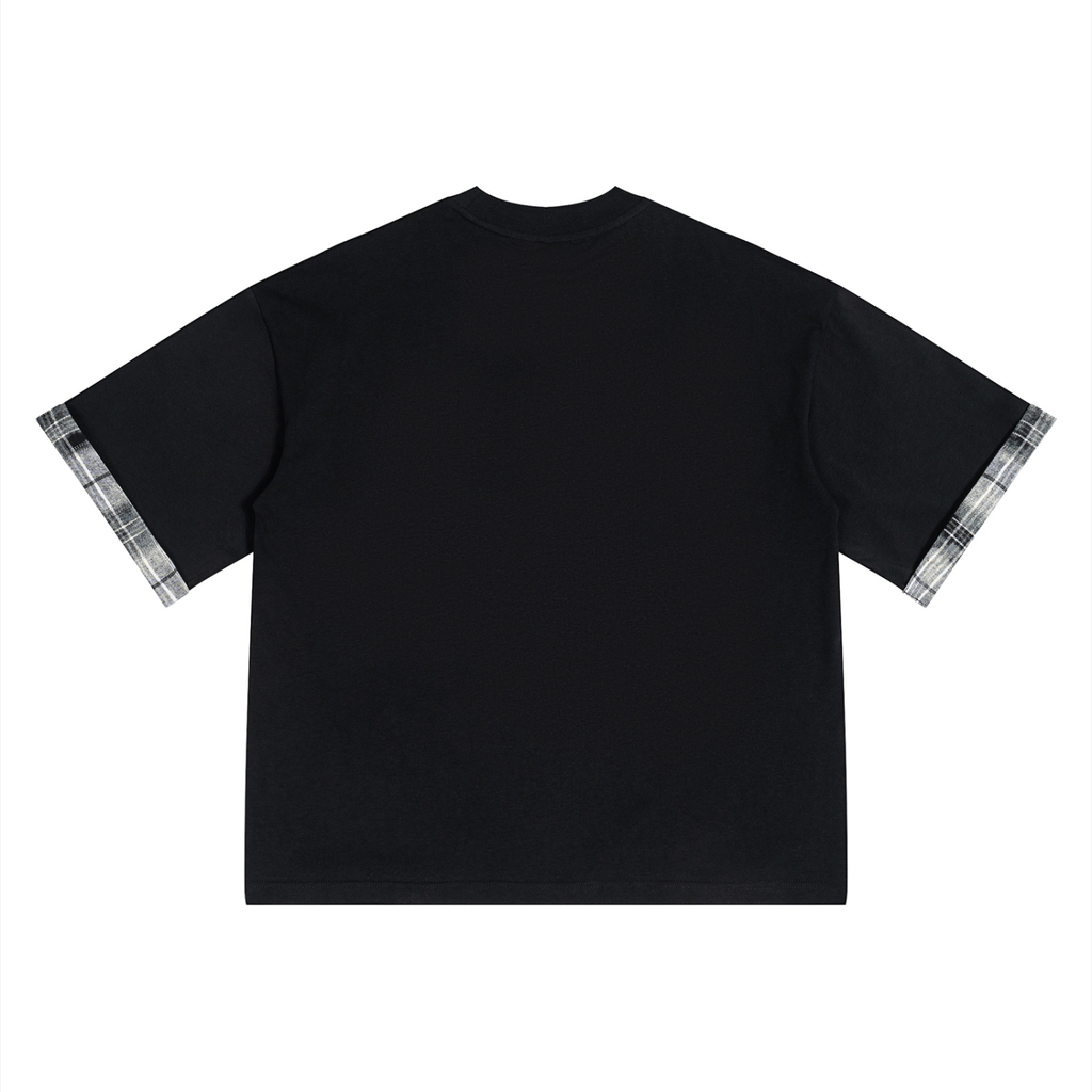 Black unisex T-shirt back view with plaid cuffed sleeves