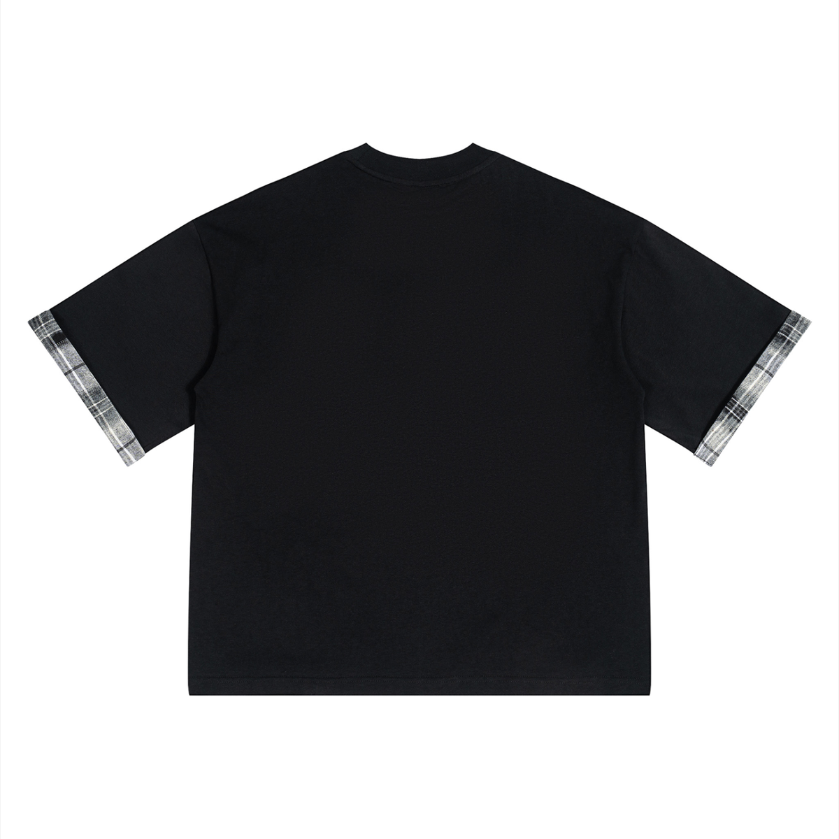Black unisex T-shirt back view with plaid cuffed sleeves