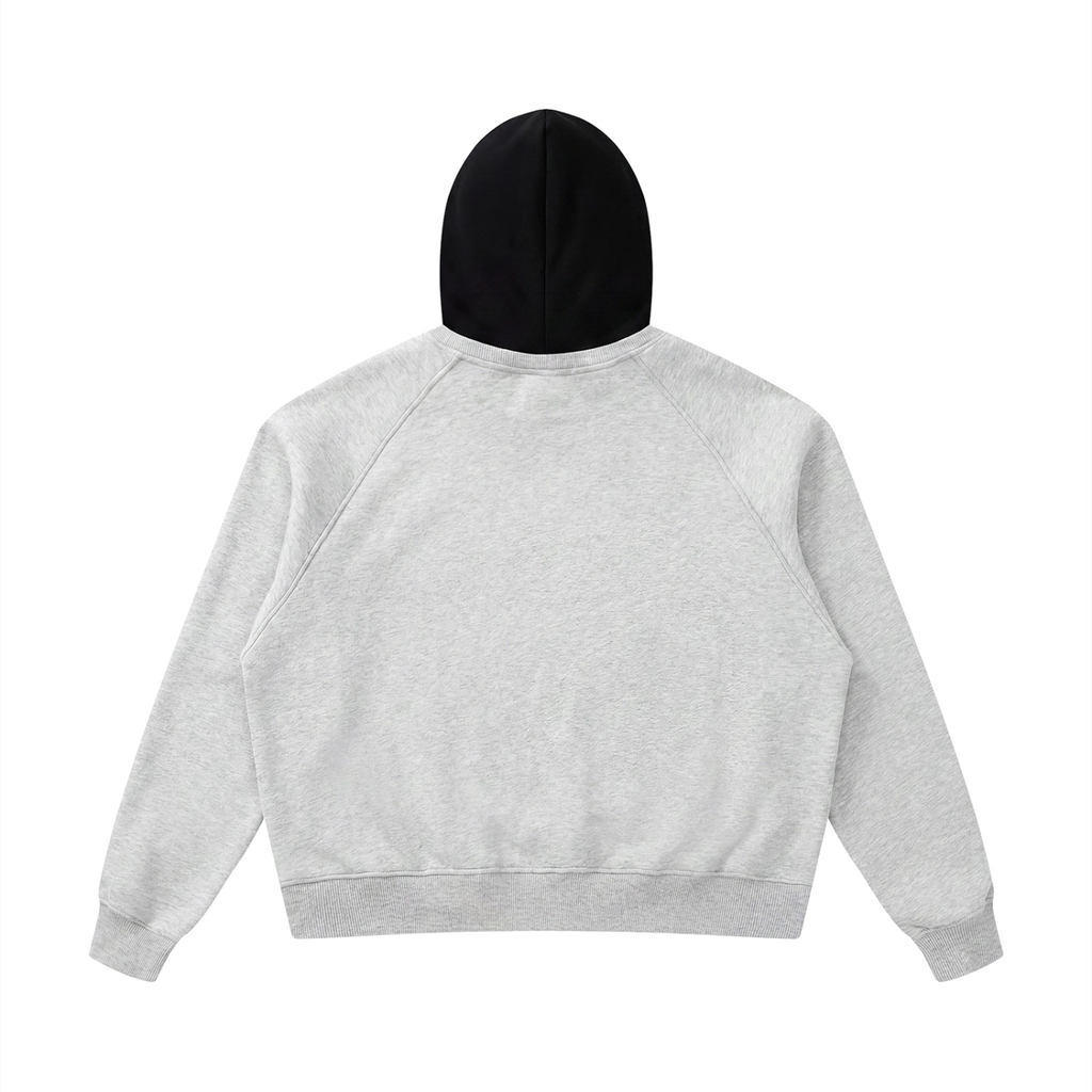 Fleece raglan hoodie, light gray back with black hood