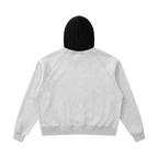 Fleece raglan hoodie, light gray back with black hood