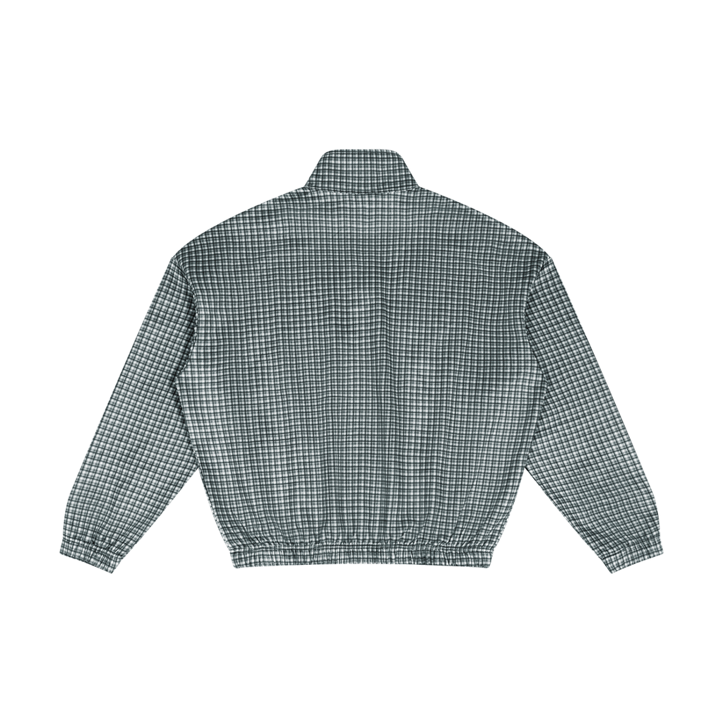 Unisex plaid quarter-zip sweatshirt, navy blue, back view