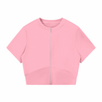 Pink women's paneling full-zip T-shirt with short sleeves and stand collar