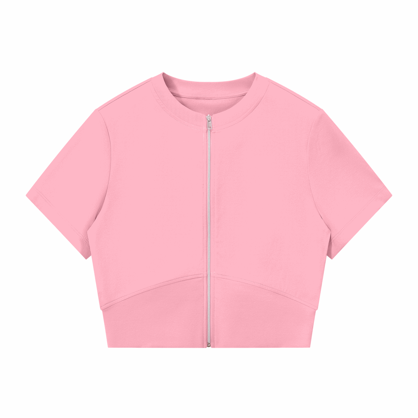 Pink paneling full-zip T-shirt with short sleeves and stand collar