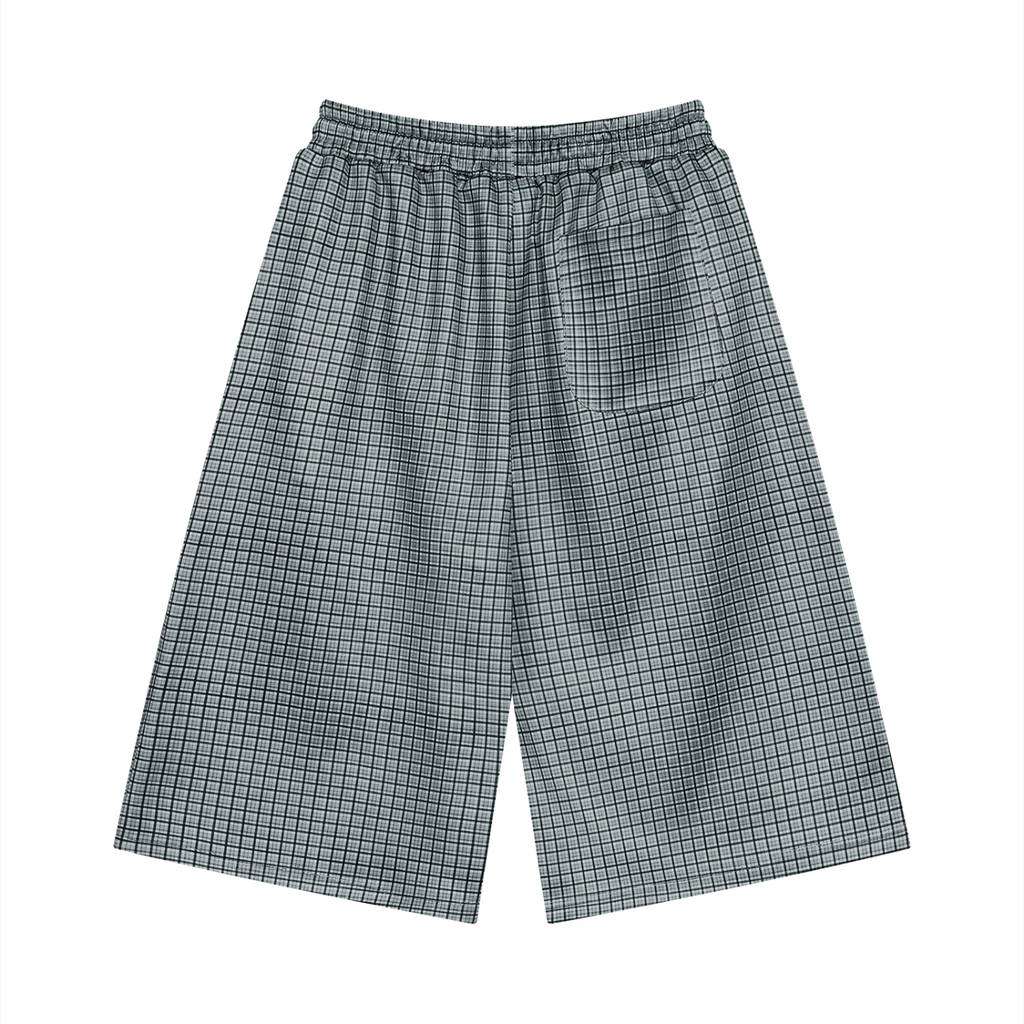 Navy blue plaid drawstring shorts with elastic waistband and side patch pocket