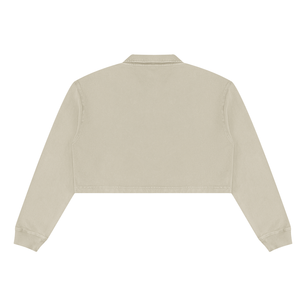 Cement gray cropped sweatshirt, back view with V-neck and long sleeves