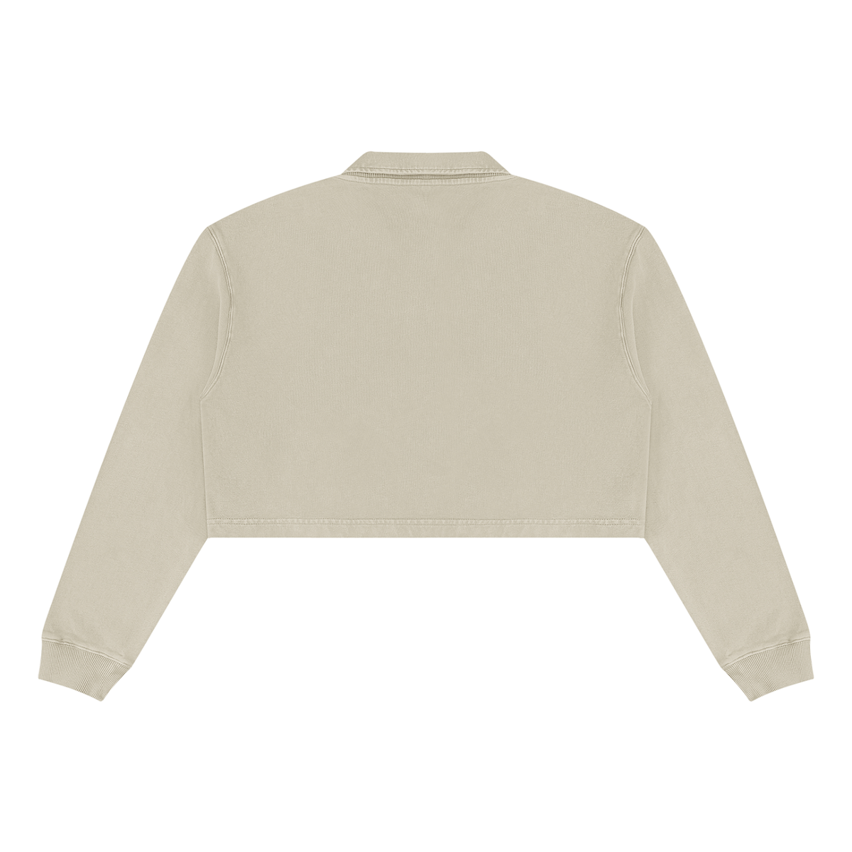 Cement gray cropped sweatshirt, back view with V-neck and long sleeves