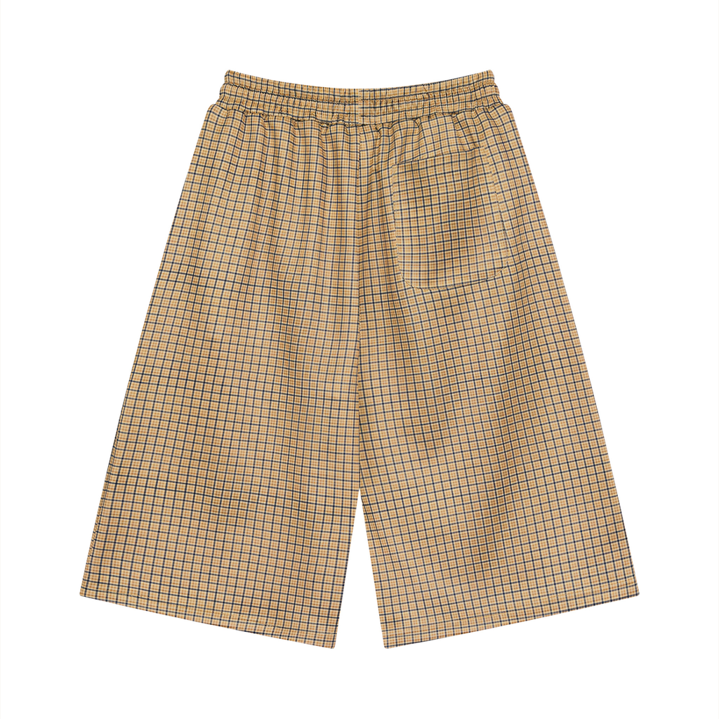 Khaki plaid drawstring shorts with elastic waistband and front patch pocket