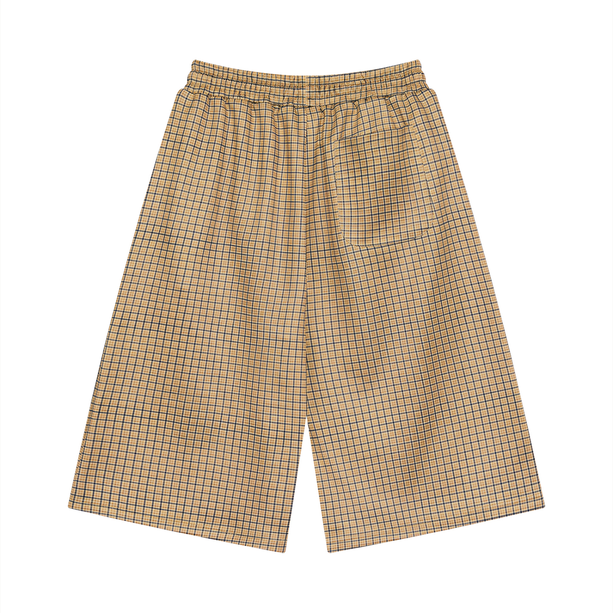 Khaki plaid drawstring shorts with elastic waistband and front patch pocket