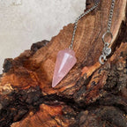 Rose quartz pendulum bag charm with silver chain and cat charm