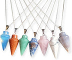 Natural Healing Crystal Pendant Necklace, Mixed Colors, Silver Chain, Cone Shape, Gemstone Point Collection