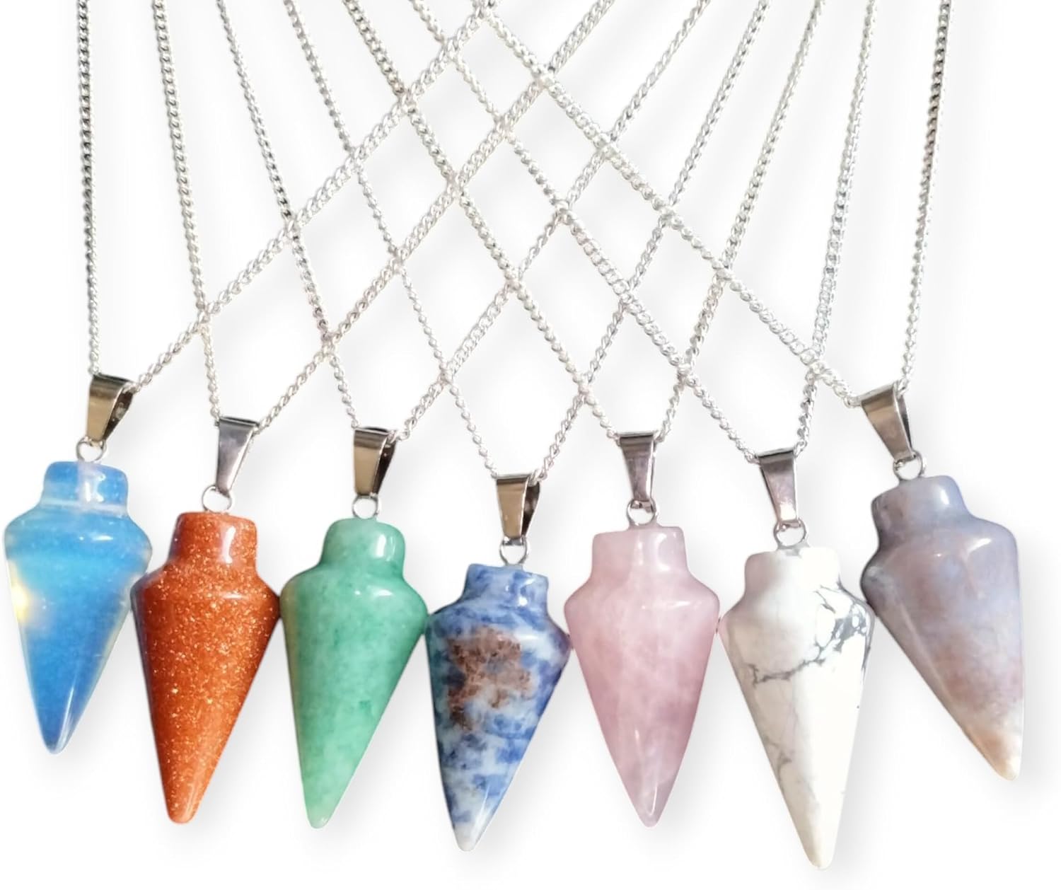 Natural Healing Crystal Pendant Necklace, Mixed Colors, Silver Chain, Cone Shape, Gemstone Point Collection