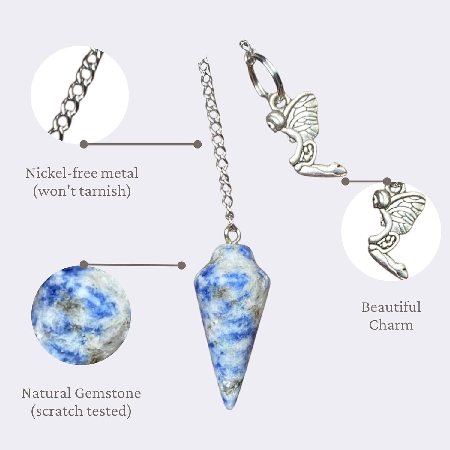 Natural Gemstone Smooth Conical Crystal Pendulum with Mystery Charm | Bag Charm