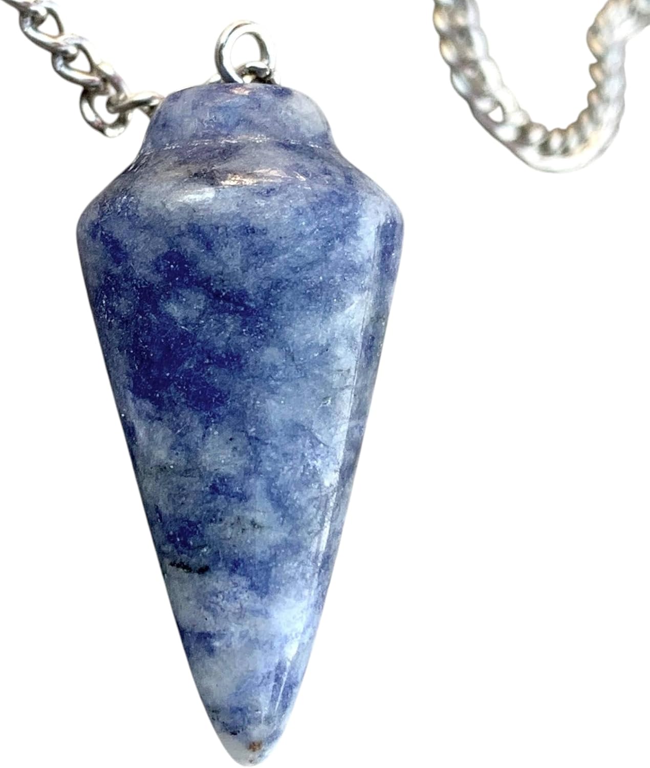 Natural Gemstone Smooth Conical Crystal Pendulum with Charm, Nickle Free Chain, Reiki Meditation Dowsing Tool (Sodalite)